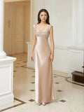MQTIME  -  Puss Sexy Satin Wedding Dress Women Strap Low-Neck Rhinestone Patchwork Elegant Classic Evening Party Dating Slim Bodycon