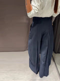 MQTIME  -  Fashion Stripe Pleated Wide Leg Pants For Women Casual Pockets High Waist Long Trousers Autumn New Lady Pants High Street