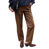 MQTIME  -  Fall Winter Women's PU Leather Pants Brown Wide Leg Straight Leg Trousers High Waist Drag Length Vegan Leather Pants