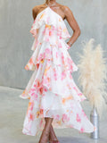 MQTIME  -  Holiday Patchwork Print Fashion Maxi Dress Women Summer Sleeveless Chic Party Dress  Halter Lace-Up Ladies Dress Vestidos