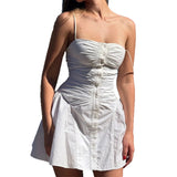MQTIME  -  Summer New Simple Solid Color Women Strap Short Dress Fashion Square Collar Female Button Dresses