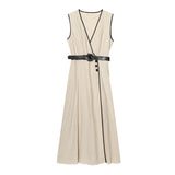 MQTIME  -  Elegant Cotton Sling Dresses Women Fashionable  V-neck Sleeveless High Waist Slim Fit Long Dress Female Summer Holiday Robe