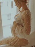 MQTIME  -  Sexy Perspective Pearl Maternity Photography Long Dress Full Sleeve Beading Tulle Long Dress for Pregnant Women Photo Shoot