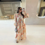 MQTIME  -  Elegant  Women's Print V-neck Long Dress Loose Long Sleeve Patchwork Party Dresses Female Fashion Summer Fall Robe