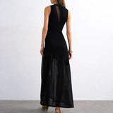 MQTIME  -  Fashion Solid High Waist Beach Holiday Dress Elegant Knitted Mesh Splice Perspective Dress Chic O-neck Irregular Fish Tail Dress