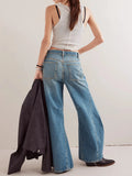 ﻿ MQTIME  -  autumn retro washed flared light blue women's jeans women's low waist wide leg jeans going out all-match style