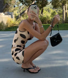  MQTIME  -  Sexy Irregular Patterned Dress Fashionable And Sexy Square-neck Sleeveless Trendy Hot Leopard Print Party Hip-hugging Lady Robe