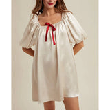 MQTIME  -  Women Satin Silk Mini Dress Bow Tied Front Square Neck Half Bubble Puff Sleeve Loose Fit Silky Short A-line Dresses