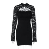 MQTIME  -  Women Hollow Out See Through Lace Patchwork Bodycon Mini Dress O Neck Long Sleeve Hipster Slim Night Clubwear Party Outfits