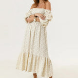  MQTIME  -  Woman Vintage Floral Dress Puff Long Sleeve Off Shoulder Ruffle Long Dress Spring Fall Casual Vintage Bohemian Dresses