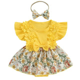 MQTIME  -  New Girl's Pit Strip Lace Splicing Flower Full Printed Flying Sleeve Jumpsuit Princess Style Cartoon Cute Climbing Dress