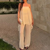 MQTIME  -  Sexy Strapless Hem Top & Long Pants Summer Outfit Casual Loose Thin Holiday Suits Irregular Chiffon Women's Two Piece Set
