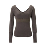  MQTIME  -  Autumn Euramerican Sexy V Neck Long Sleeve Shirts Patchwork Lace Pullover American Harajuku Solid Streetwear Knitted Women Tops