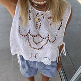MQTIME  -  Boho Style Sleeveless Beachwear T-shirt New Spring Summer O-neck Vest Tops for Women Sexy Embroidery Hollow Out Lace Shirt Mujer