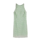 MQTIME  -  South Korea Dresses Summer Fresh Mint Green Dress Floral Texture Sleeveless Halter Short Skirt Woman Fashion Vestidos