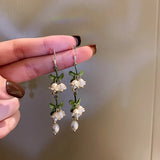 Mqtime New Design Lily of The Valley Pearl Green Ear Hook for Women Fashion Elegant White Flowers Drop Earrings Wedding Party Jewelry