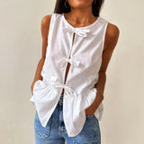 MQTIME  -  Women's Summer Y2K Vintage Solid Color Vest Sleeveless O-Neck Front Bow Knot Tied Hollow Out Peplum Flare Tank Tops