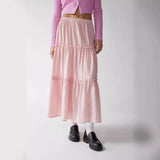 MQTIME  -  Low Waist Plain Skirts Low Waist Layered Maxi Skirts Ruffled Candy Color Sweet A-line Skirt Macaron Color Soft Skirt