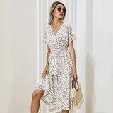 Mqtime -women's Floral Print Dress, Shirred Waist, Flared Hem Dress, Summer Holiday, Short Sleeve, V-neck, A-line Long Dress