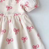 MQTIME  -  Bow Print Princess Dress Girls Puff Sleeved Dresses Summer New Casual Sweet Kids Clothes Bowknot Print Dress 2-8 Years Wear