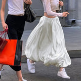 MQTIME  -  Vintage High Waist Satin Silhouette Outline Flower Bud A-line White Skirt Spring Loose Casual Fluffy Long Skirts for Women