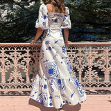 MQTIME  -  Summer Dress Elegant Women Flower Printed Maxi Dress High Waisted Short Sleeve Square Collar Summer Fashion Holiday Dresses