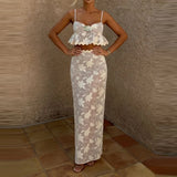 MQTIME  -  Lace embroidery fresh and sweet perspective vacation style set summer casual camisole top and long skirt two-piece set