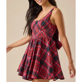 MQTIME  -  Women Y2k Vintage Plaid Print Short Tank Dress Square Neck Sleeveless Big Bow Decor Backless High Waist Mini Dresses