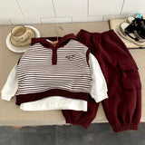 MQTIME  -  Boys Set Autumn Spring Korean Style Fashion Casual Sporty Striped Vest White Base Layer T-shirt Loose Pant Three Piece Set