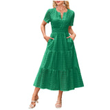 MQTIME  -  Summer New Women Short Sleeved Long Dress Trendy V-Neck Hollow Eyelets Ruffle Hem A-Line Dresses Pockets Female Vestidos
