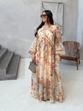 MQTIME  -  Elegant  Women's Print V-neck Long Dress Loose Long Sleeve Patchwork Party Dresses Female Fashion Summer Fall Robe