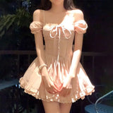 MQTIME  -  Pure Sexy Women Dress French Style Off Shoulder Square Neck Princess Dresses Korean Fashion Ruffles Skirts Summer Female Clothes