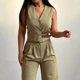 MQTIME  -  2 Piece Set Women Summer Casual V Neck Sleeveless Solid Patchwork Buckle Tank Top Loose Straight Pants Sets Streetwear