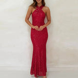 Mqtime Lady Elegant Slim Halter Glitter Club Maxi Dress Sexy Sleeveless Shiny Bodycon Evening Dresses Women Fashion Sequins Party Dress