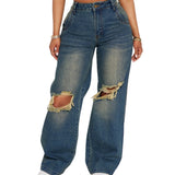 MQTIME  -  Women Jeans Autumn Retro Hollow Out Washed Jeans Women's Knee Ripped Wide Leg Denim Pants
