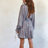 MQTIME  -  Banquet Winter Shinny Sequins Dresses For Women Winter Fashion Bat Sleeve High Waist Mini Dress Elegant V-Neck Pleat Party Dress
