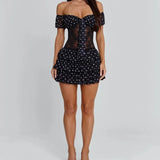 MQTIME  -  Black Polka Dot Mini Dress Women Off Shoulder Lace Bodice Ruffle Tiered Skirt Sexy Party Club Wear Summer Fashion Vestidos