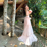 MQTIME  -  Sweet Pink Tulle Maxi Dress Women Summer Spaghetti Strap Ruffle Layered Long Dress Female Elegant Beach Vacation Party Dresses