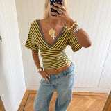 MQTIME  -  Striped V Neck Short Sleeve Top Women Elegant Wrap Front Slim Fit Casual Tee Summer New Lady Chic Commute Street Outerwear