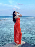 MQTIME  -  Bali beach vacation orange hollow lace pleated strapless dress women pure desire sexy elegant temperament long skirt