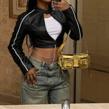  MQTIME  -  Leather PU Jacket Women Crop Varsity Baseball Coats Y2K Streetwear Winter Fall Black Cyber Racer Jackets Coats