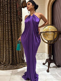 MQTIME  -  Puss Elegant Ruched Halter Dress Woman Sexy Sleeveless Summer Trend Silky Skinny Gown Robe Vacation Banquet Party Vestidos