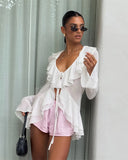 MQTIME  -  Elegant French Style Ruffle Chiffon Blouses Woman's Fashion Deep V Neck Long Sleeve Slim Tops Summer Beach Party Wear