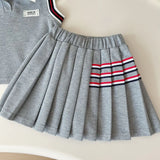 MQTIME  -  Baby Girl College Style Summer 2PCS Clothes Set Polo Collar Kid Girl Vest Top Set Thin Stylish Stripe Pleated Skirt Belle Outfit