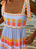 MQTIME  -   Halter Lace Up Print Dress Cake Contrast Color Pleated Layered Suspender Baggy Women Beach Strap Long Dresses Fuffy Robes Summer