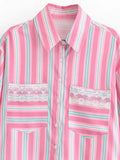 MQTIME  -  Women Pink Plaid Lace Shirt Top Leisure Long Sleeved Single Breasted Lapel Lady Summer Blouses Casual Streetwear French Style