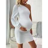 MQTIME  -  Maternity One Shoulder Lantern Sleeve Ruched Side Bodycon Dress