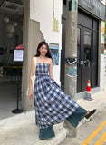 MQTIME  -  Vintage Plaid Dress Women Sexy A Line Midi Dresses Korean Split Slash Neck Slim Sundress Vestidos