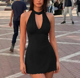 MQTIME  -  Spring Women's Clothing New Sexy Neck Button Low Cut Back Hollow Out Hanging Neck Dress Female Fashion Slimming Dresses