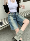 MQTIME  -  Women's Retro Gradient Blue Denim Shorts Summer New Vintage Style Wide Leg Capris Female High Waist Knee-length Casual Pants
